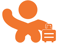 Orange cartoon character holding suitcase